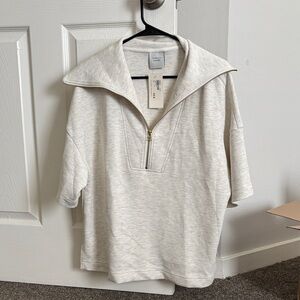 Zip Collar Short Sleeve Sweatshirt - Heather Ivory
